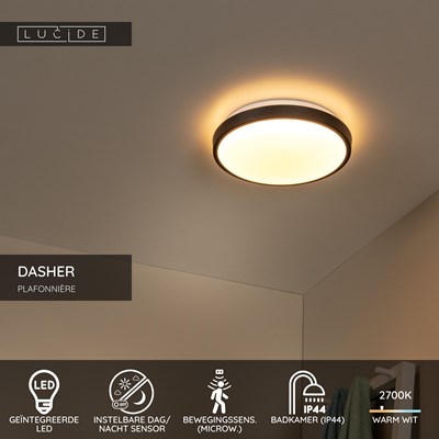Lucide DASHER - Plafonnière Badkamer - Ø 29,3 cm - LED - 1x12W 2700K - IP44 - Bewegingssensor - Zwart